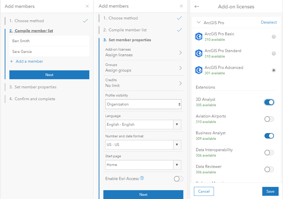 Add members pane with members selected, properties set, and licenses added.