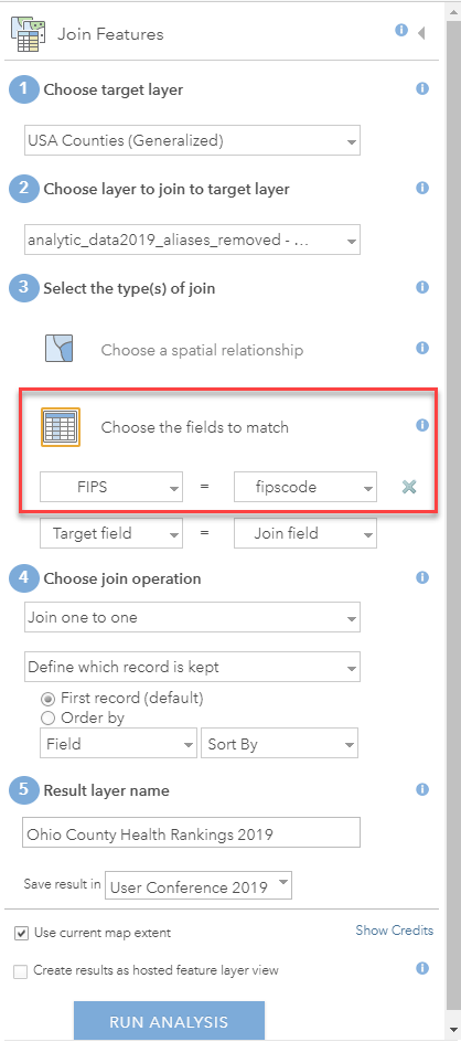 The Join Features dialogue box has a red square highlighting the "Choose fields to match" option and the two fields used are "FIPS = fipscode" The Join Features dialogue box has a red square highlighting the "Choose fields to match" option and the two fields used are "FIPS = fipscode"