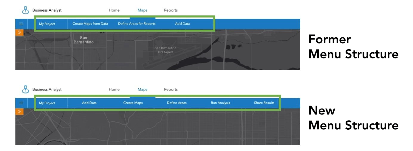 Former and New Menu Structures in Business Analyst