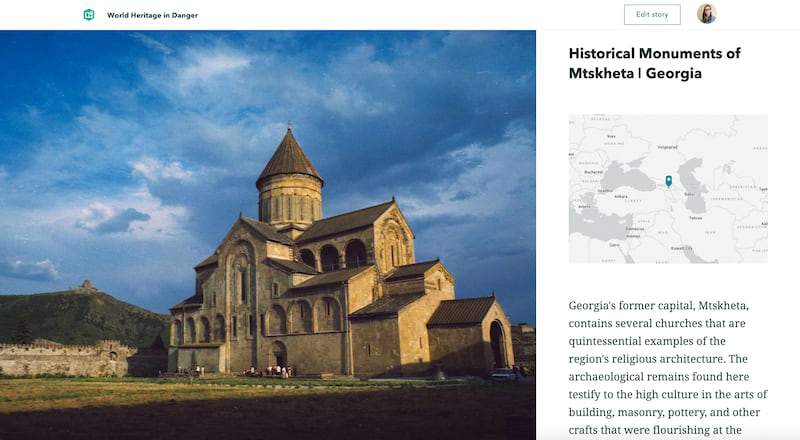 From World Heritage in Danger, a sidecar with a large image of an ancient building in Georgia, with descriptive text and a locator map to the right.