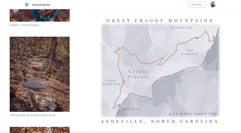 A sidecar block in Canine Surprises with a series of photos on the left and a large map at right, the color palette of which is based on the photos next to it.