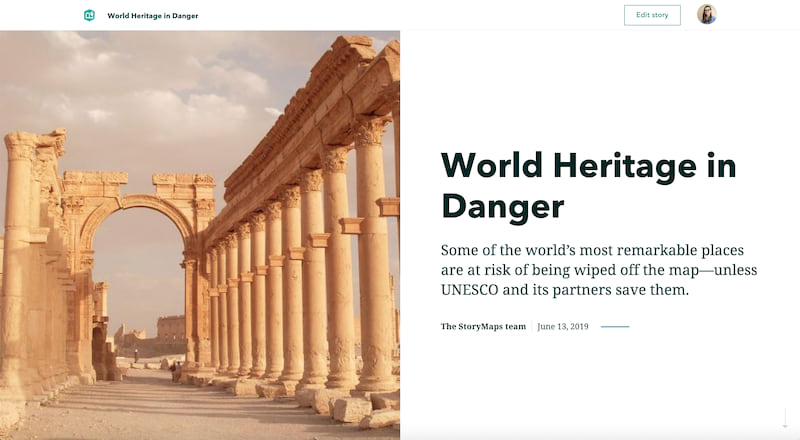 The cover layout of World Heritage in Danger; a split screen with a photo of ancient Greek columns and the title and subtitle of the story The cover layout of World Heritage in Danger; a split screen with a photo of ancient Greek columns and the title and subtitle of the story