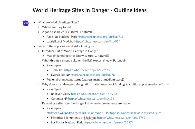 A photo of our World Heritage outline, which consisted of a hierarchical bulleted list in a shared online document A photo of our World Heritage outline, which consisted of a hierarchical bulleted list in a shared online document
