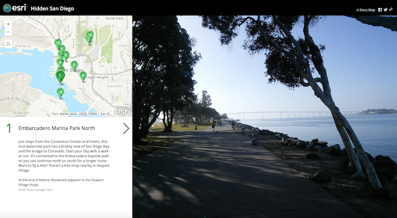 A screenshot of the Hidden San Diego Map Tour, showing Embarcadero Marina Park North