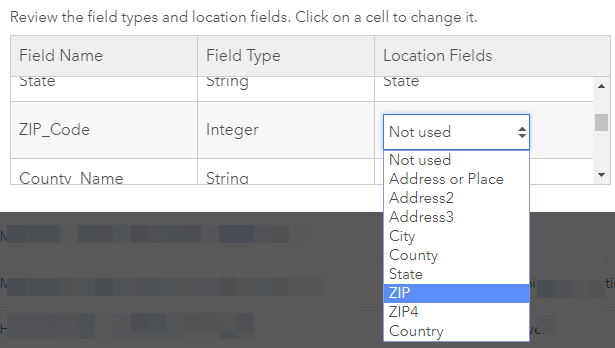 All address fields were recognized by ArcGIS Online except for Zip_Code. This screenshot shows manually setting this field to use the location field option of "ZIP"