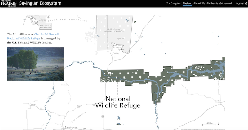 A screenshot of the story map showing an immersive section featuring a map of the Charles M Russell wildlife refuge and a floating caption that includes a link for the curious reader to learn more.