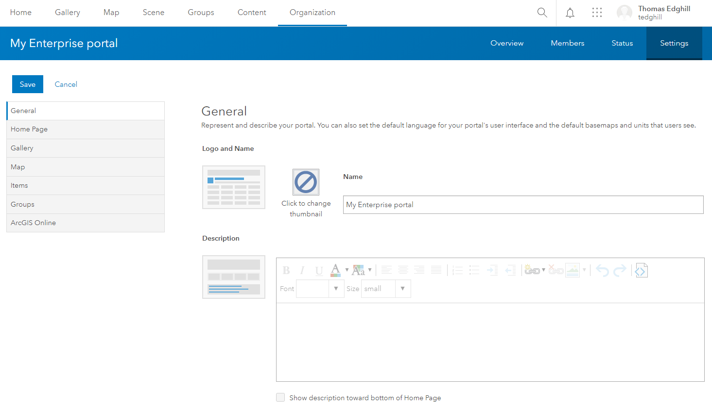 Organization settings view for custom role with organization website administrative privilege