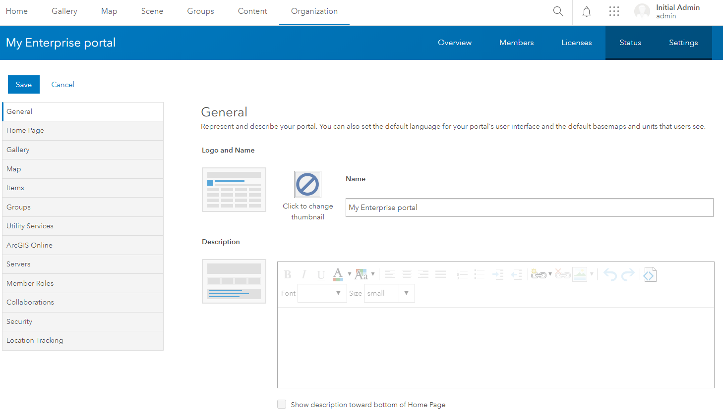 Organization settings view for default administrators