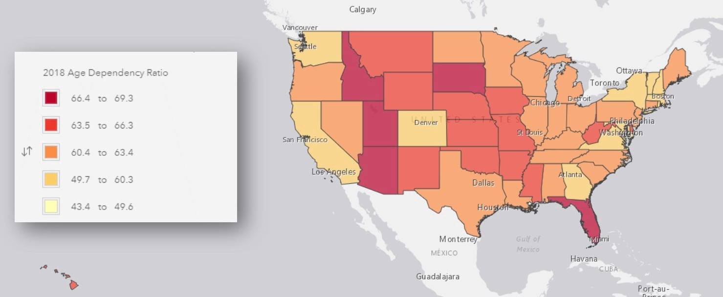 Full US Color-coded map showing dependency ratio state Full US Color-coded map showing dependency ratio state