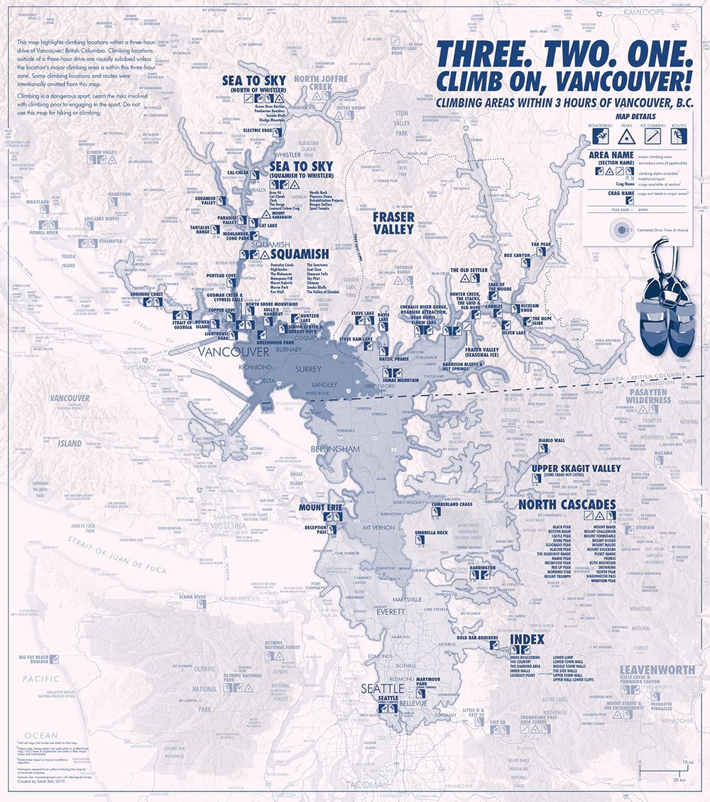 Full map, small, Climbing areas within three hours of Vancouver, B.C.