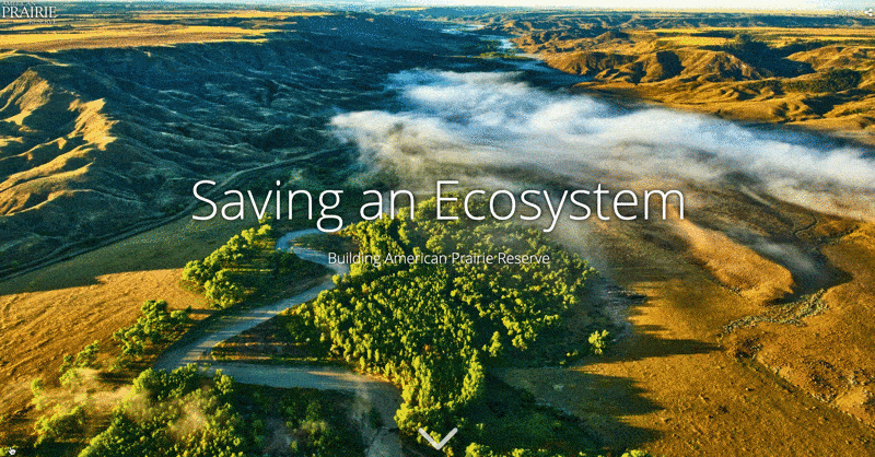 A scrolling animation of American Prairie Reserve's story map, starting at the cover with an aerial photo of the landscape and scrolling down to a locator map showing the reserve's location in northern Montana