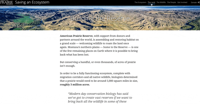 An animation that reveals how clicking one of the five bookmarks along the story map's header jumps a reader to a particular section in the story. An animation that reveals how clicking one of the five bookmarks along the story map's header jumps a reader to a particular section in the story.