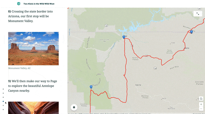 Scrolling through sidecar slides reveals a series of small photos that scroll vertically while a large web map moves to follow the route of the road trip