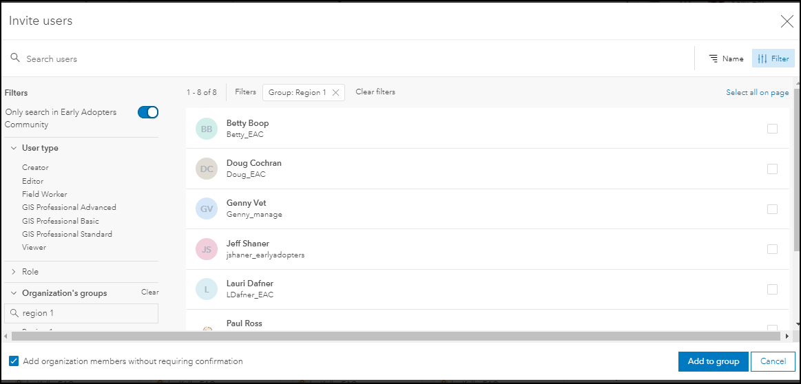 Shows dialogue for inviting members to group with filters