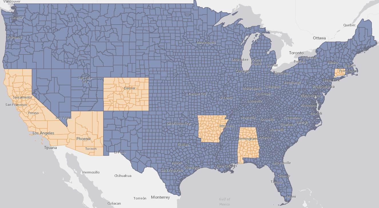 A map of continental US showing county boundaries but counties in some states are missing: AL, AK, AZ, AR, CA, CO, CT