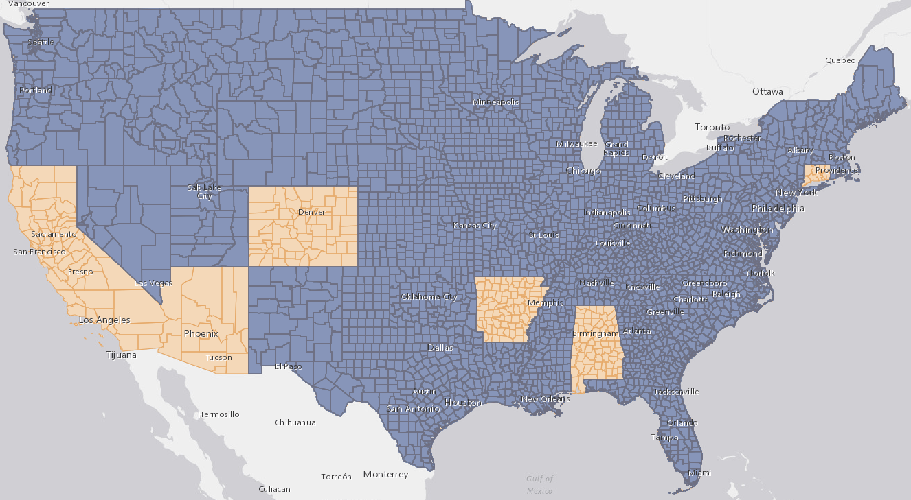 A map of continental US showing county boundaries but counties in some states are missing: AL, AK, AZ, AR, CA, CO, CT A map of continental US showing county boundaries but counties in some states are missing: AL, AK, AZ, AR, CA, CO, CT