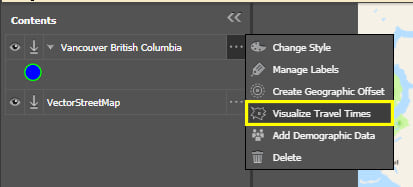 Select "Visualize Travel Times" from the layer's flyout menu Select "Visualize Travel Times" from the layer's flyout menu