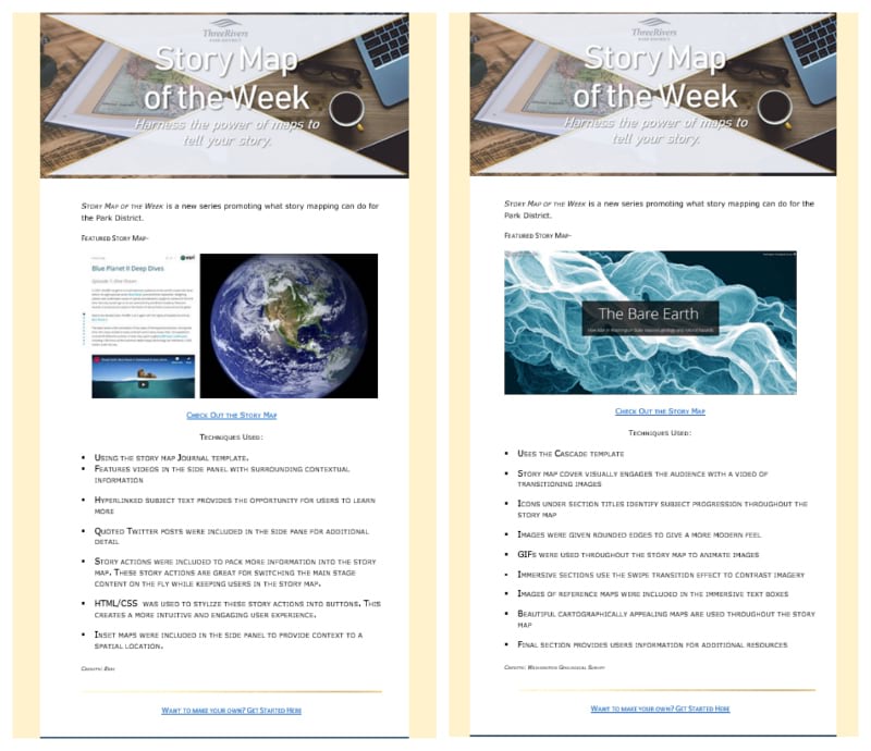 Two Story Map of the Week series newsletters side-by-side.