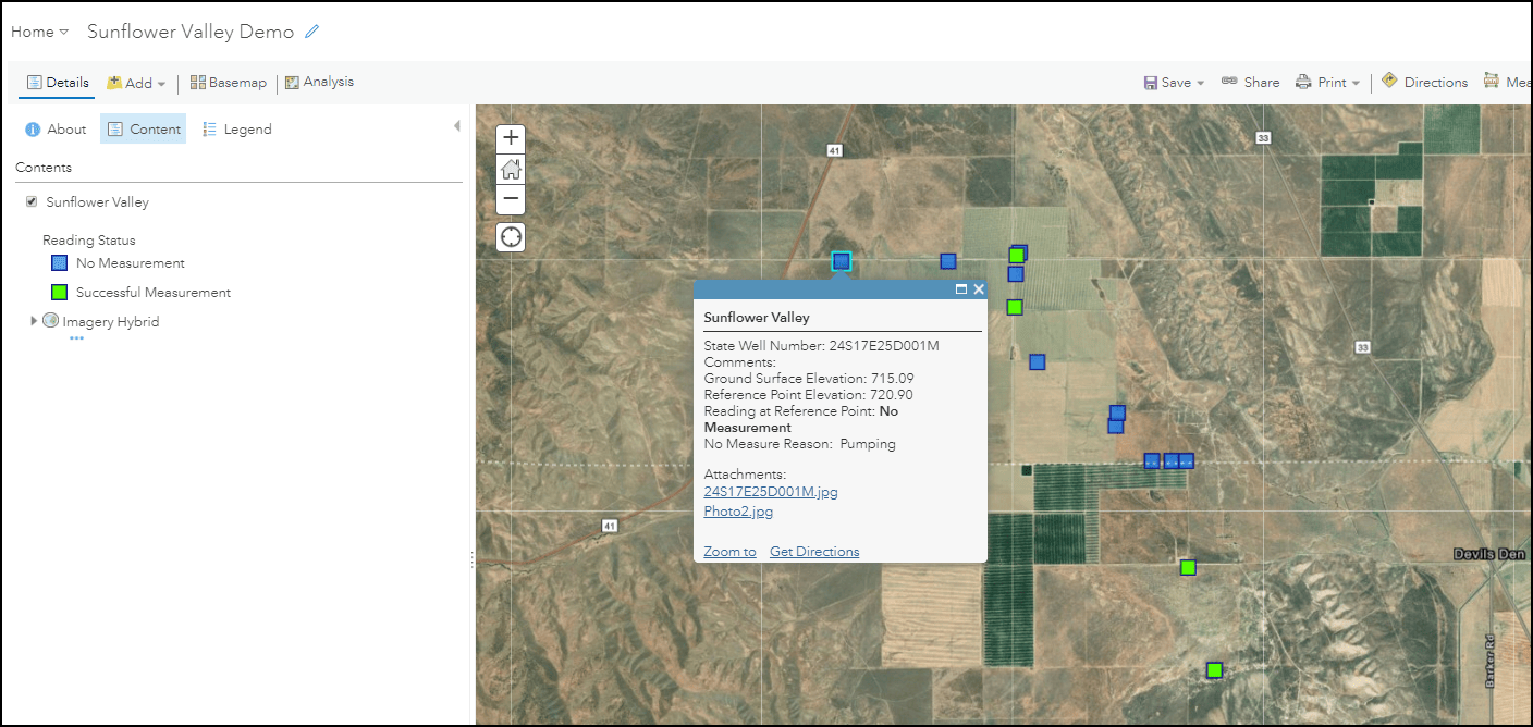 Web map with symbology, imagery-hybrid basemap, extent including all features, and a configured pop-up showing the well locations in Sunflower Valley.