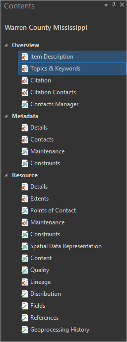 Contents pane metadata pages