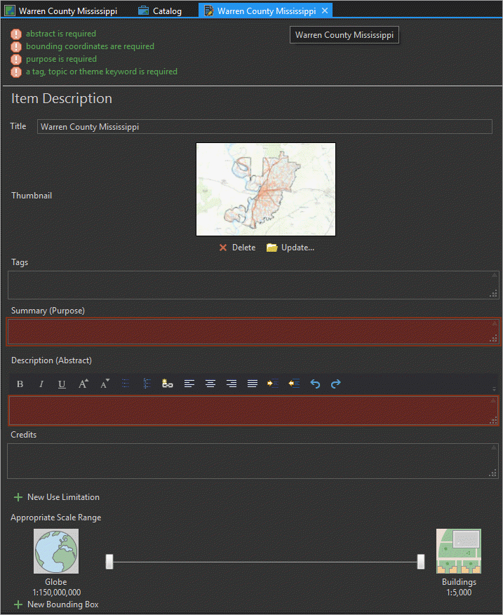 Metadata editor pane Metadata editor pane