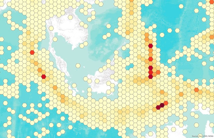 A bin-enabled feature layer showing earthquake frequency in Southeast Asia. A bin-enabled feature layer showing earthquake frequency in Southeast Asia.