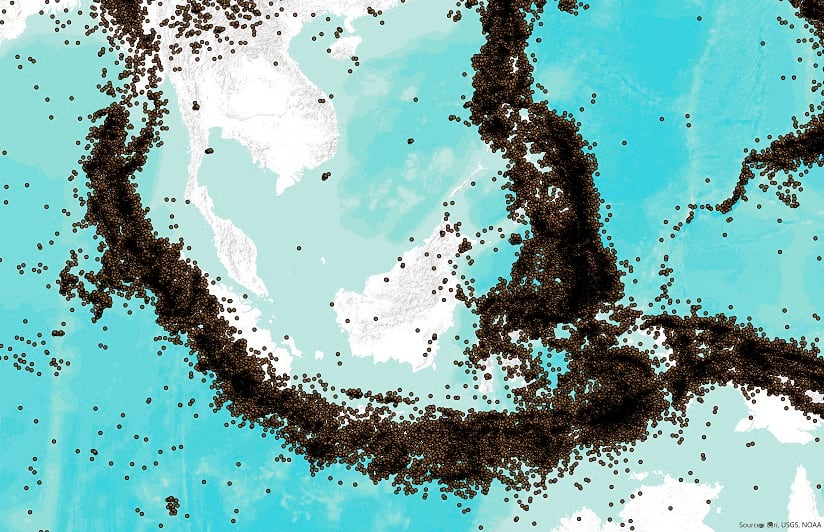 This point feature map shows the location of recorded earthquakes in Southeast Asia.