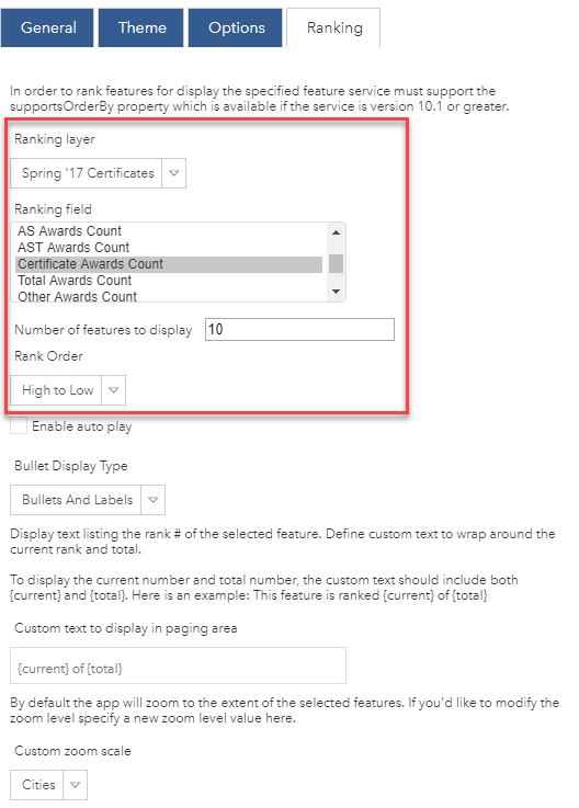 Ranking tab of Geo List Configuration Panel, showing the different ranking options.