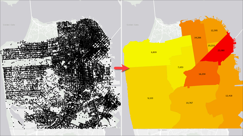 Map on the right shows crimes total for each districts by aggregating crime locations shown on the left