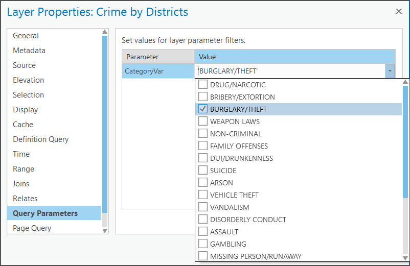 Select a crime type from Query Parameters tab