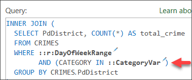 Insert a discrete parameter named CategoryVar in the SQL query