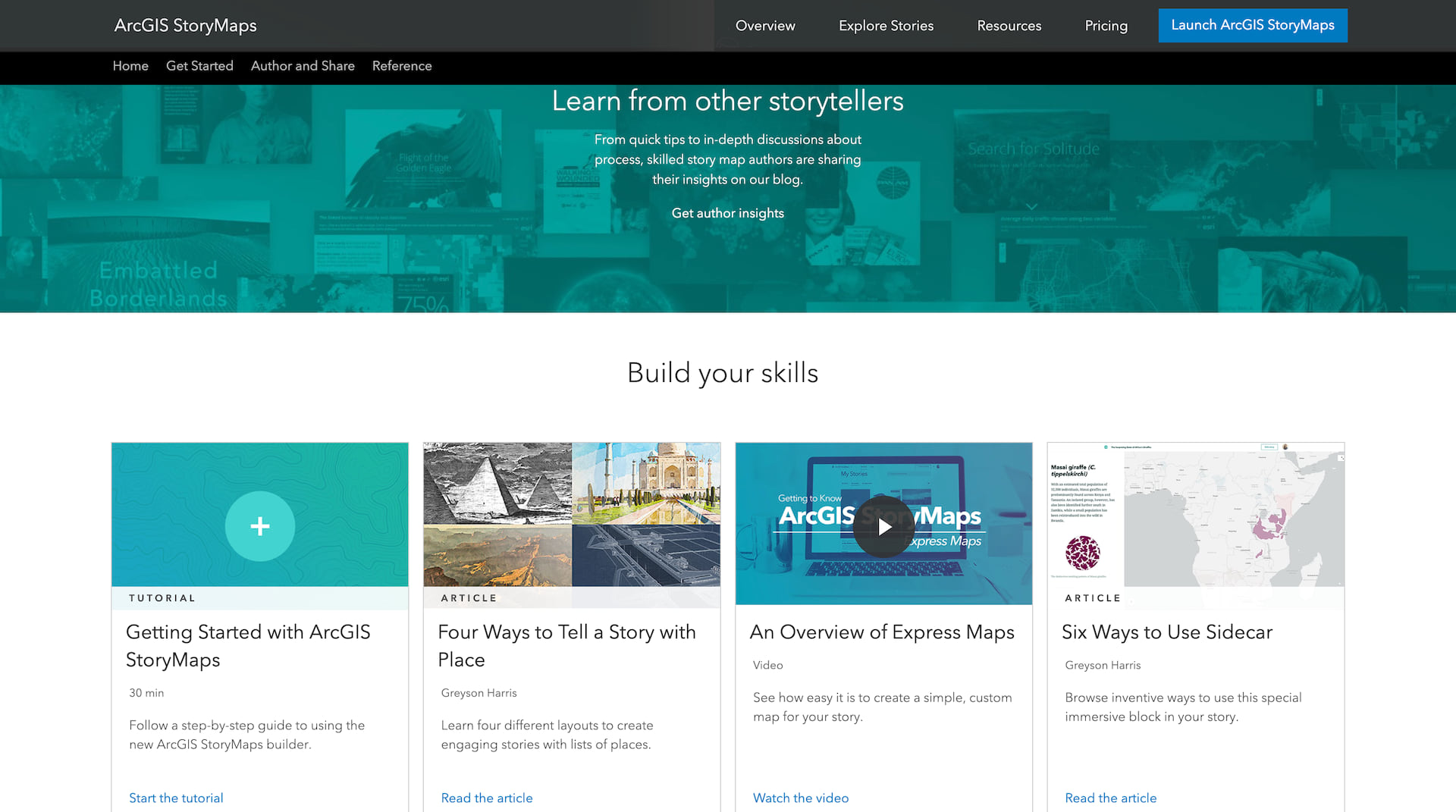 A screenshot of the ArcGIS StoryMaps website showing several resources for becoming a better storyteller