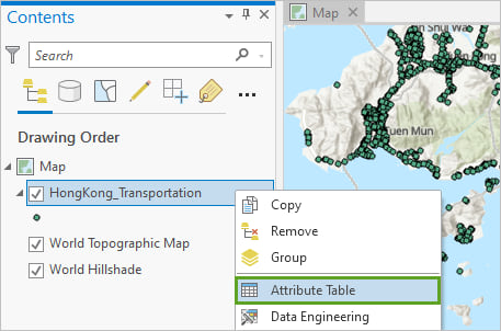 Attribute table in the layer context menu