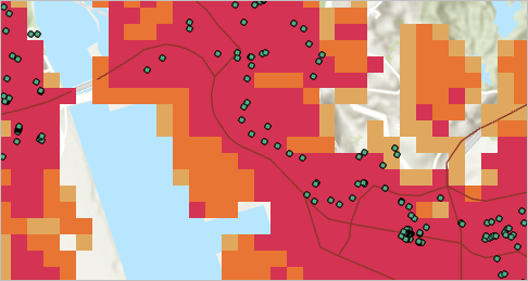 Detail of raster layer with red, orange, and yellow cells