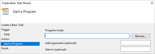 Action tab of Create Basic Task wizard Action tab of Create Basic Task wizard