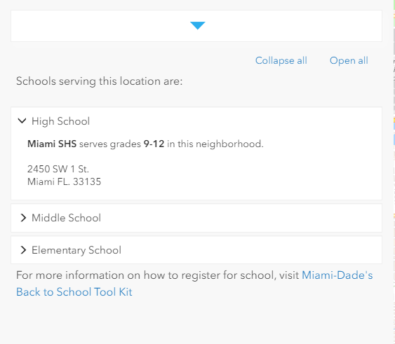 Results from a school attendance boundary with custom text before and after the results.