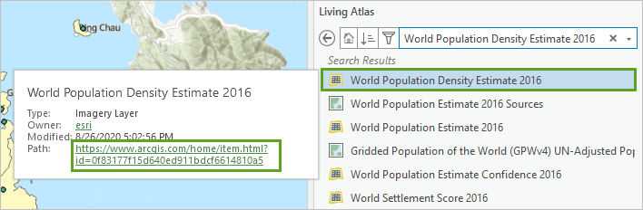 World Population Density Estimate layer in the Catalog pane