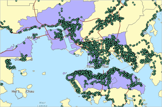 Map of Hong Kong with yellow and purple areas