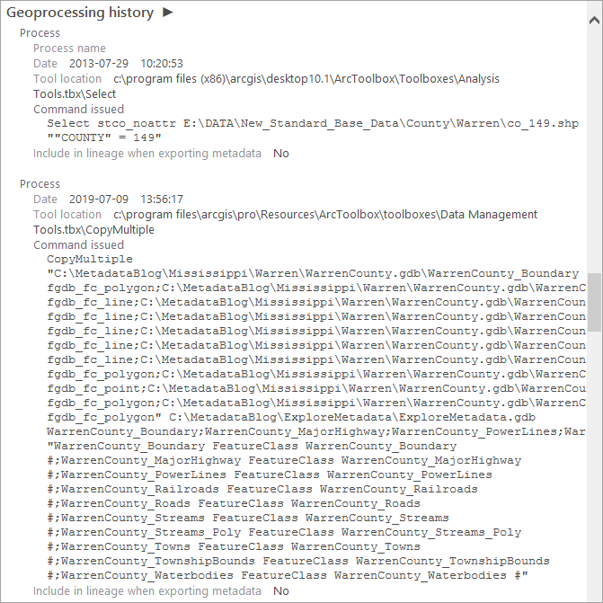 Metadata geoprocessing history