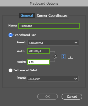 Mapboard Options set to 4 by 6 inches