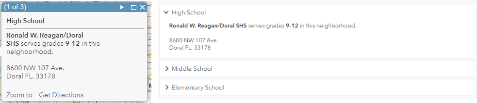 High School boundary pop-up in the web map and High School zone information in the Zone Lookup app. 