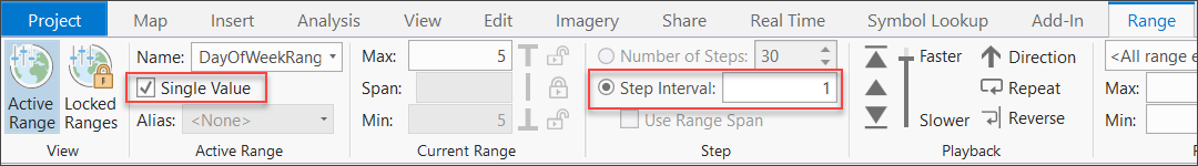 Settings on the Range tab