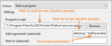 Task Scheduler action tab with test script parameters Task Scheduler action tab with test script parameters