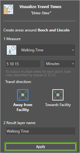 Visualize Travel Times tool set to Walking times of 5,10, and 15 minutes
