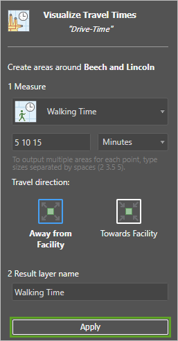 Visualize Travel Times tool set to Walking times of 5,10, and 15 minutes Visualize Travel Times tool set to Walking times of 5,10, and 15 minutes