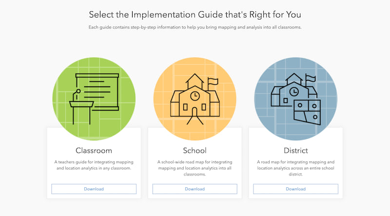 The gallery of options available in Teach with GIS, including classroom, school, and district-level materials