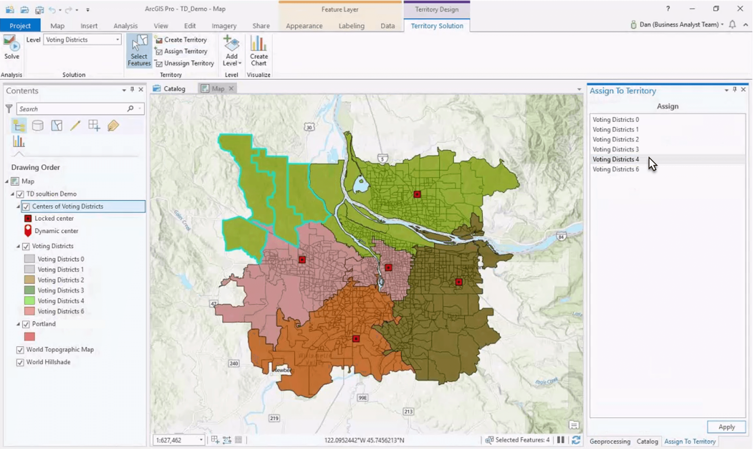 Map detailing four evenly balanced voting districts using the Auto-Balance Territories tool in Business Analyst