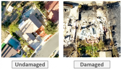 Damaged and undamaged houses after a wildfire