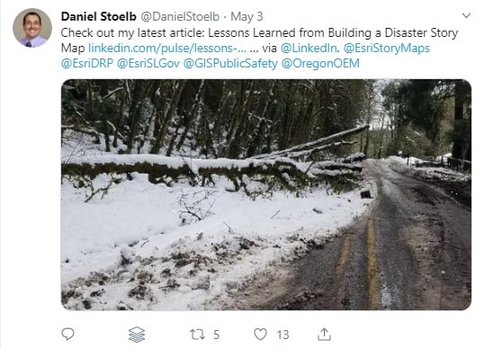 Tweet by Daniel Stoelb about the disaster story map