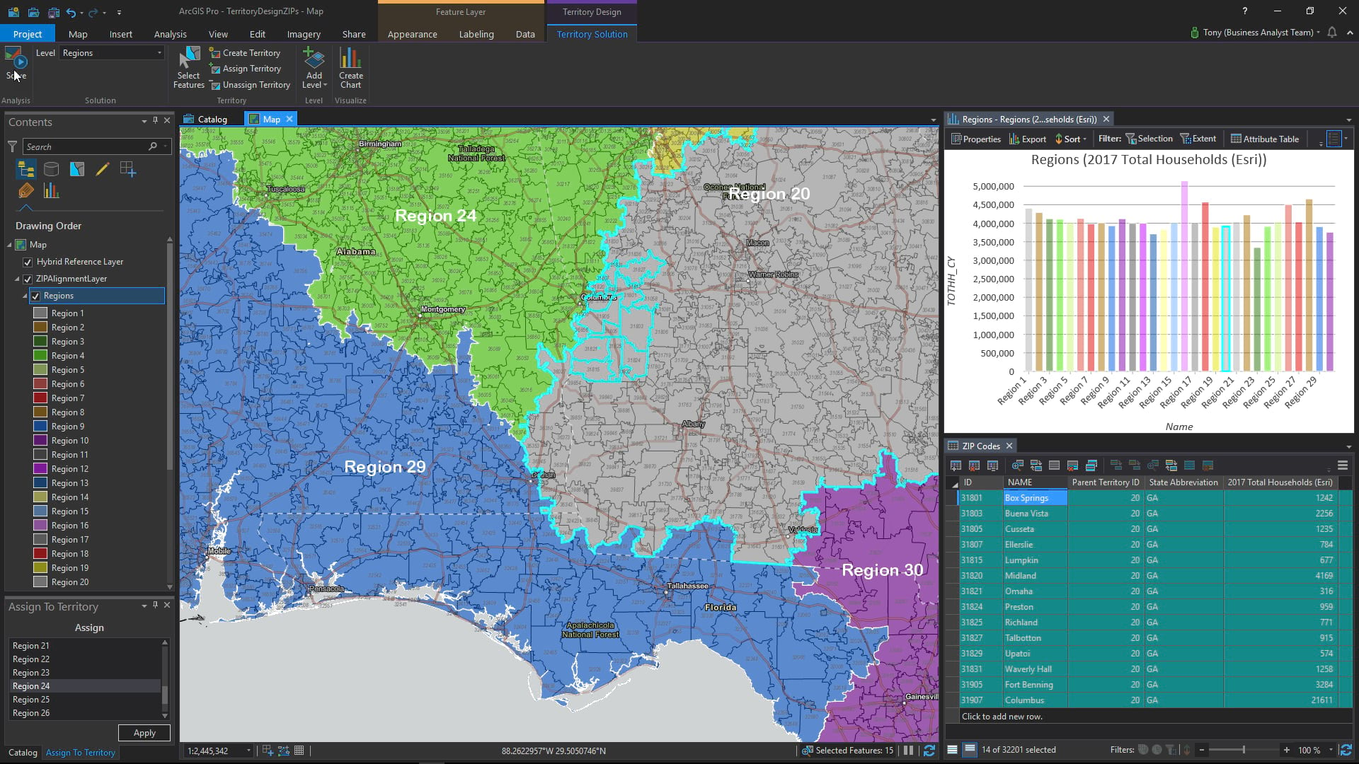 Interface in Business Analyst for ArcGIS Pro that shows the interactive territory creation process.